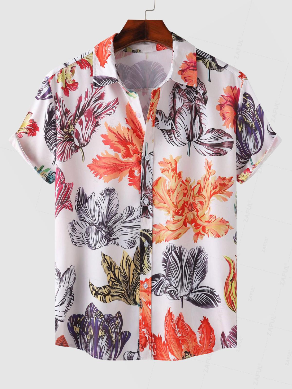 Men's Floral Print Button Up Short Sleeves Shirt