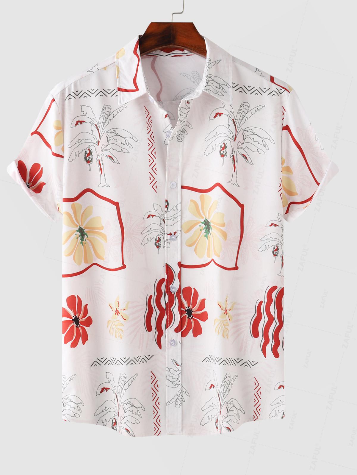 Men's Sketch Tree Floral Print Button Up Short Sleeves Hawaiian Beach Shirt Kosyway