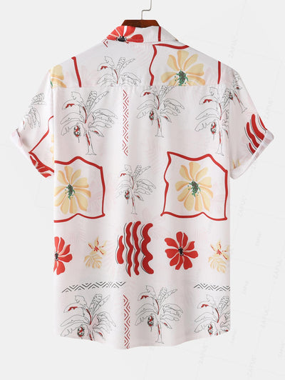 Men's Sketch Tree Floral Print Button Up Short Sleeves Hawaiian Beach Shirt