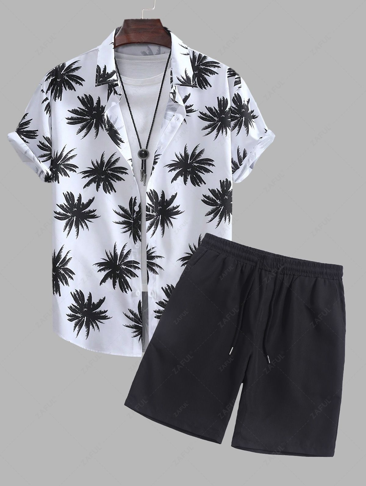 Men's Tropical Coconut Tree Leaves Print Short Sleeve Hawaiian Shirt And Casual Shorts Set Kosyway