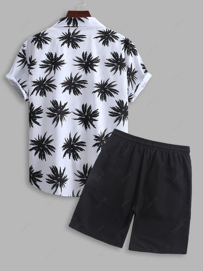 Men's Tropical Coconut Tree Leaves Print Short Sleeve Hawaiian Shirt And Casual Shorts Set Kosyway