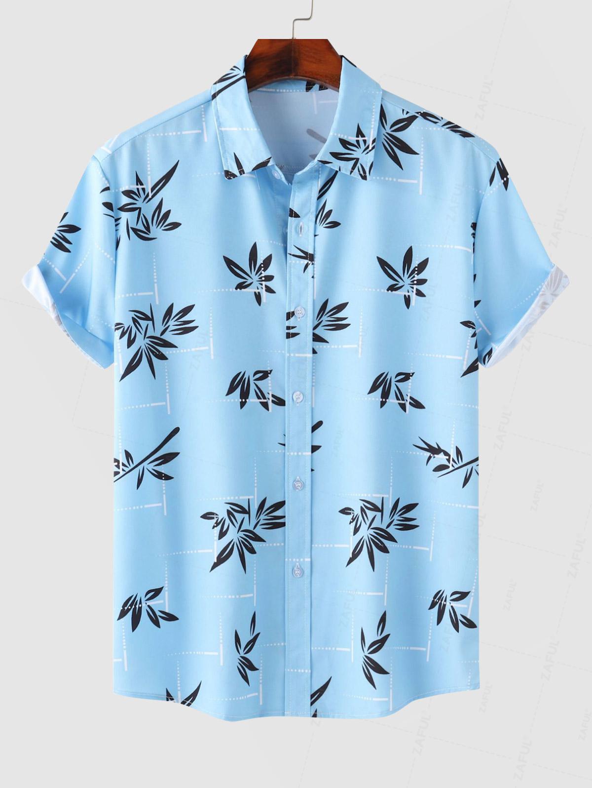 Men's Leaves Printed Hawaiian Summer Button Short Sleeve Shirt Kosyway