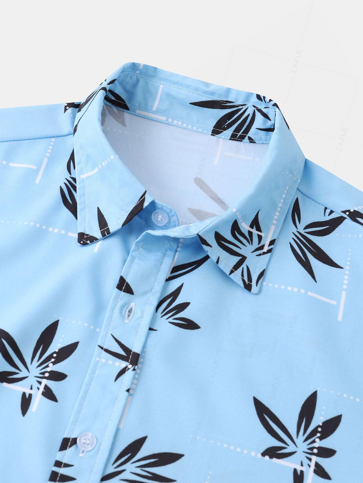 Men's Leaves Printed Hawaiian Summer Button Short Sleeve Shirt