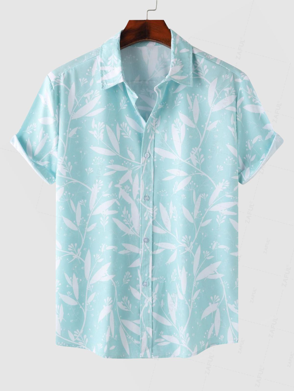 Men's Plant Leaves Printed Vacation Button Up Short Sleeves Shirt Kosyway