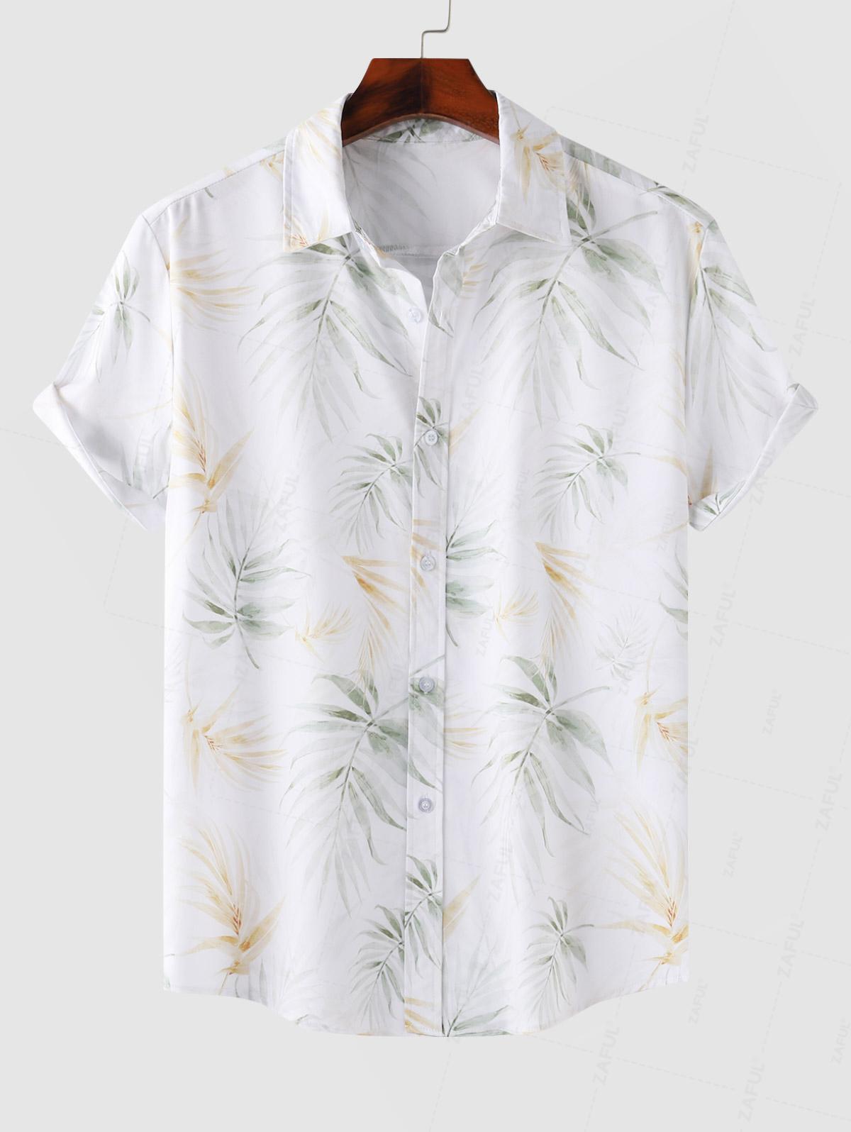 Men's Plant Leaves Print Hawaiian Summer Button Short Sleeve Shirt