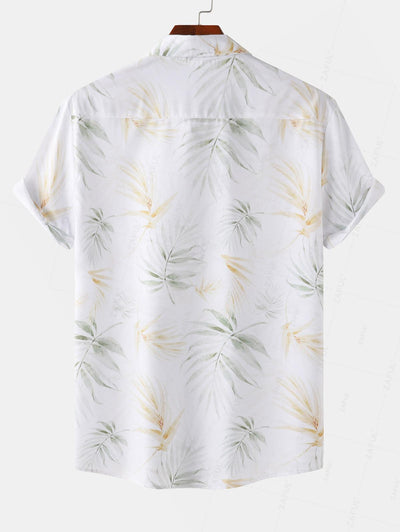 Men's Plant Leaves Print Hawaiian Summer Button Short Sleeve Shirt