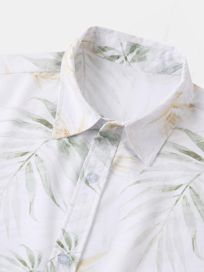 Men's Plant Leaves Print Hawaiian Summer Button Short Sleeve Shirt Kosyway