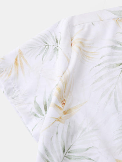 Men's Plant Leaves Print Hawaiian Summer Button Short Sleeve Shirt