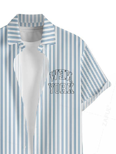 Men's Vertical Striped Letter Printed Button Up Casual Vacation Short Sleeves Shirt