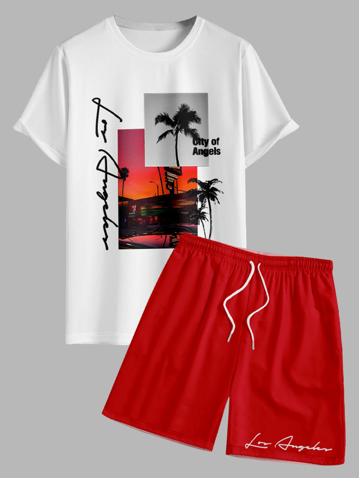 Men's Letter Palm Tree Graphic Printed Short Sleeves T-shirt and Drawstring Casual Shorts Set Kosyway