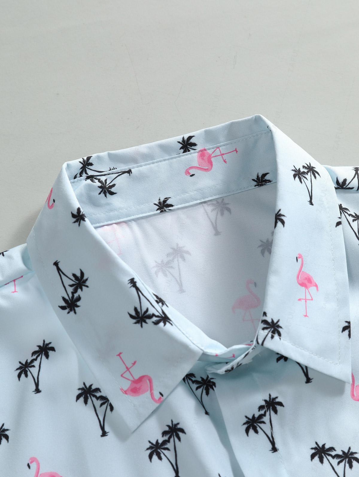 Men's Casual Palm Tree Crane Printed Button Short Sleeves Shirt Kosyway