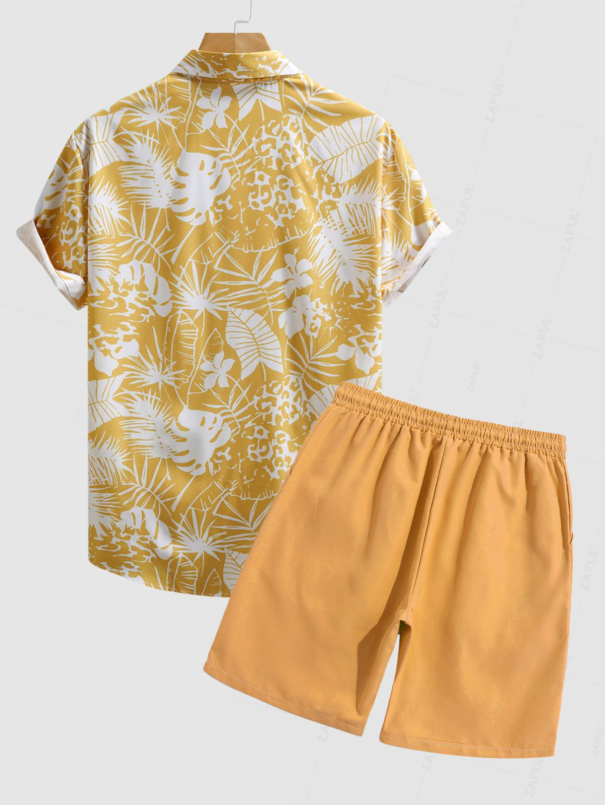 Men's Casual Floral Plant Leaves Print Short Sleeves Shirt And Drawstring Shorts Set