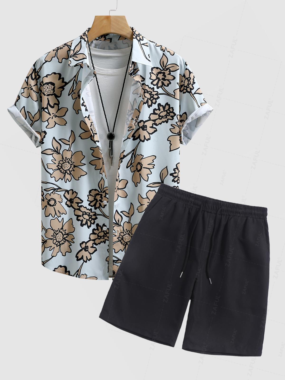 Men's Floral Printed Button Up Short Sleeves Shirt And Casual Drawstring Shorts Set Kosyway