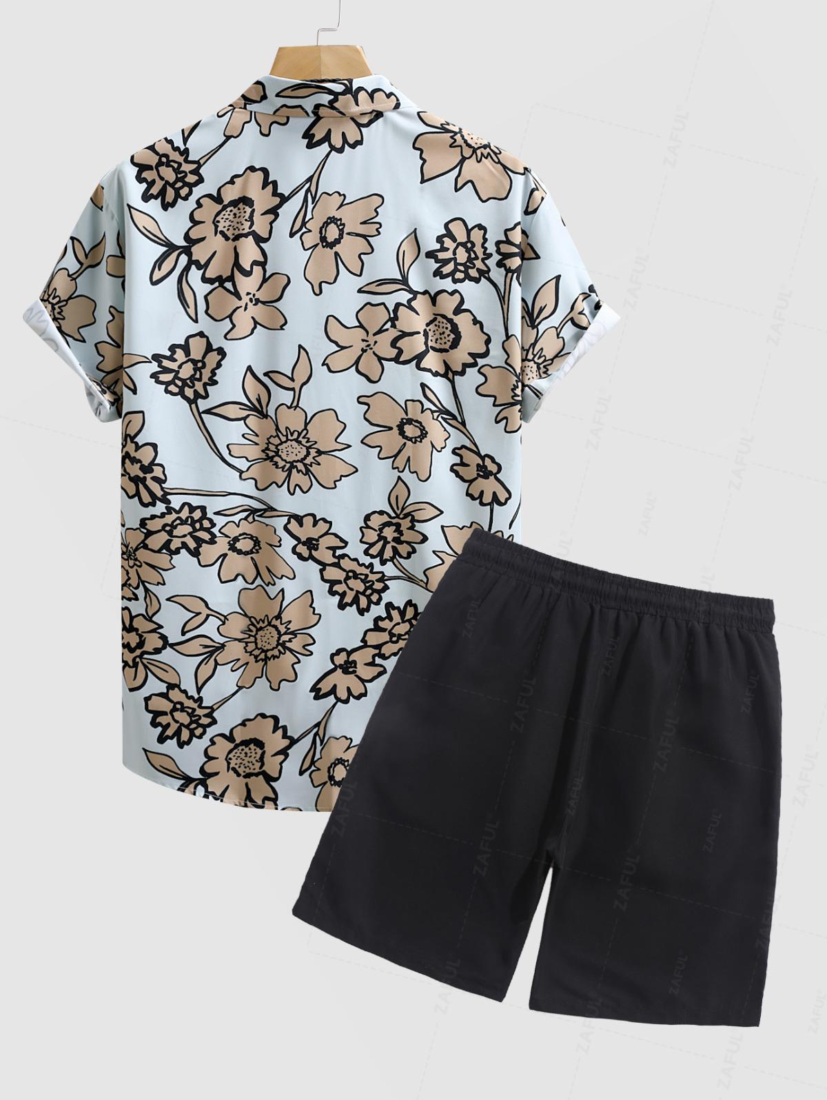 Men's Floral Printed Button Up Short Sleeves Shirt And Casual Drawstring Shorts Set Kosyway