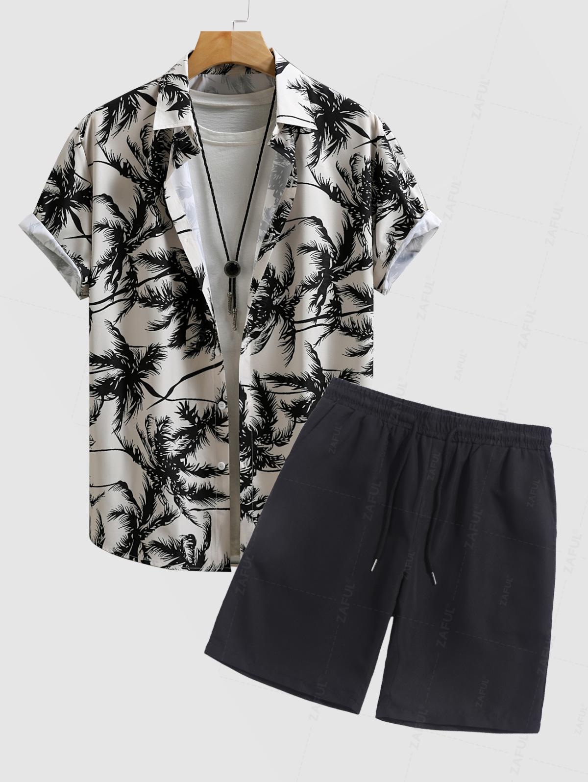 Men's Coconut Palm Tree Printed Short Sleeves Shirt And Casual Drawstring Shorts Set Kosyway