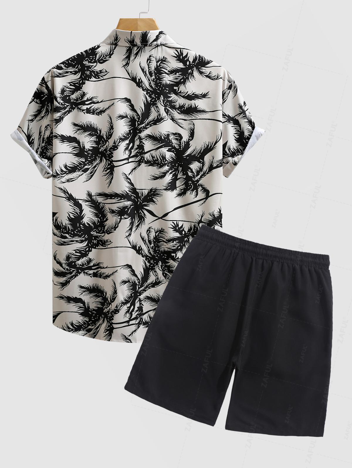 Men's Coconut Palm Tree Printed Short Sleeves Shirt And Casual Drawstring Shorts Set