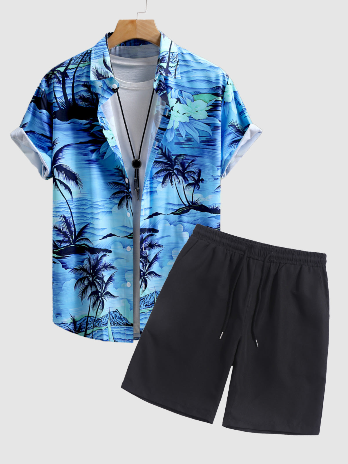 Men's Sea Waves Sailboat Coconut Tree Floral Printed Short Sleeves Shirt And Casual Drawstring Shorts Set Kosyway