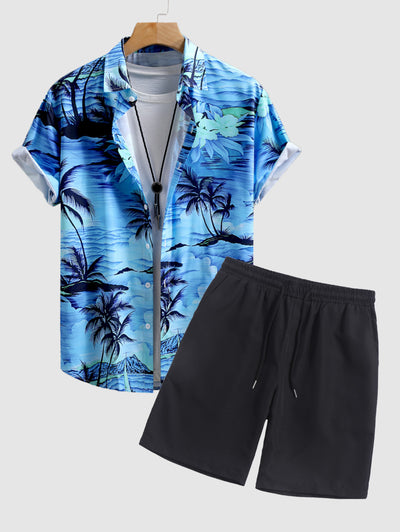 Men's Sea Waves Sailboat Coconut Tree Floral Printed Short Sleeves Shirt And Casual Drawstring Shorts Set