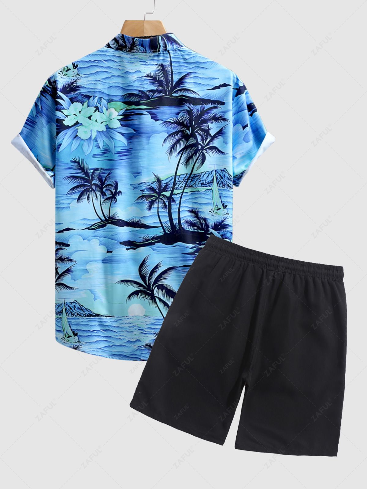 Men's Sea Waves Sailboat Coconut Tree Floral Printed Short Sleeves Shirt And Casual Drawstring Shorts Set