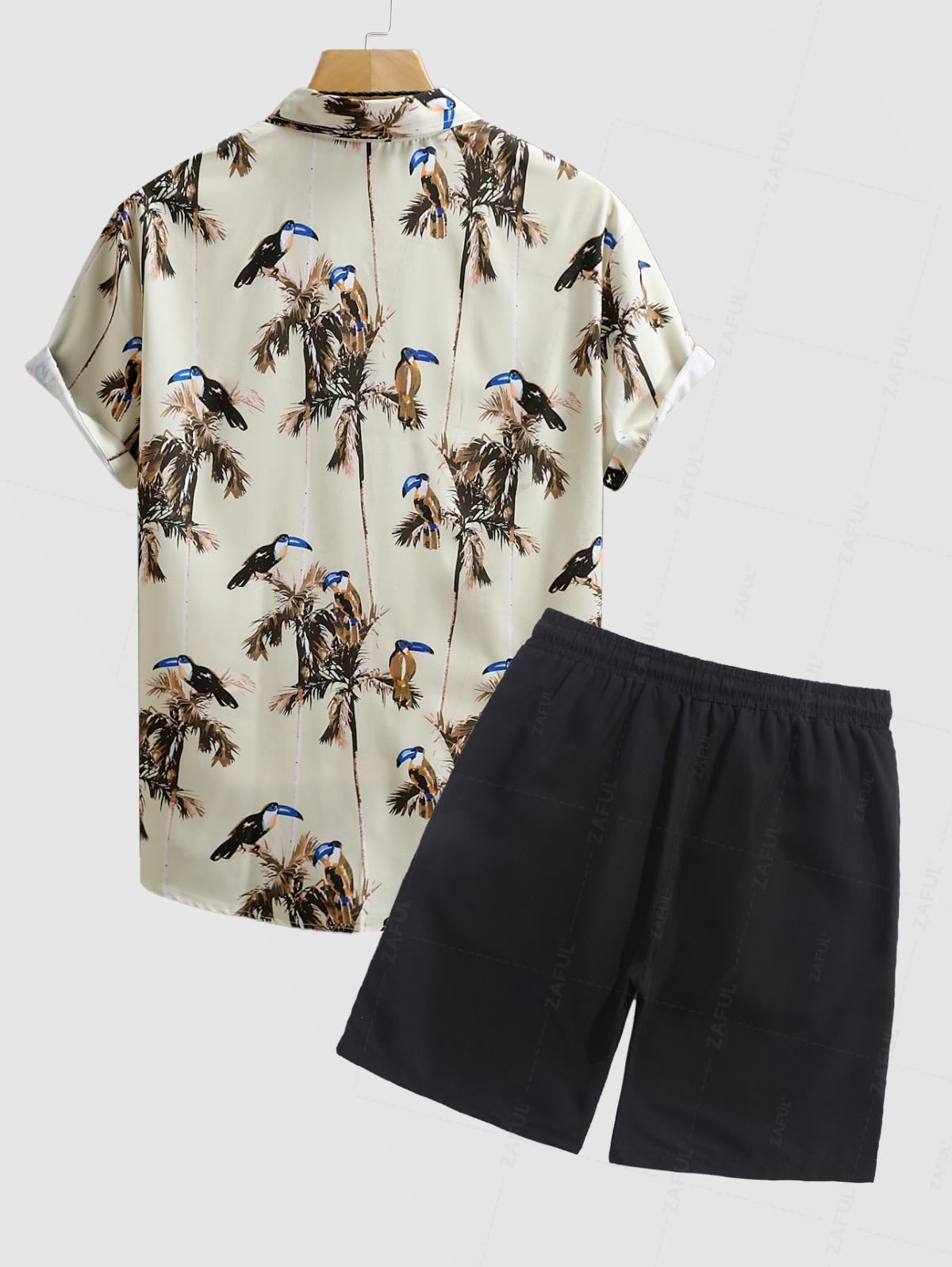 Men's Palm Tree Parrot Printed Short Sleeves Shirt And Casual Drawstring Shorts Set