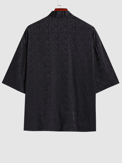 Men's Floral Jacquard Silky Satin Open Front Kimono