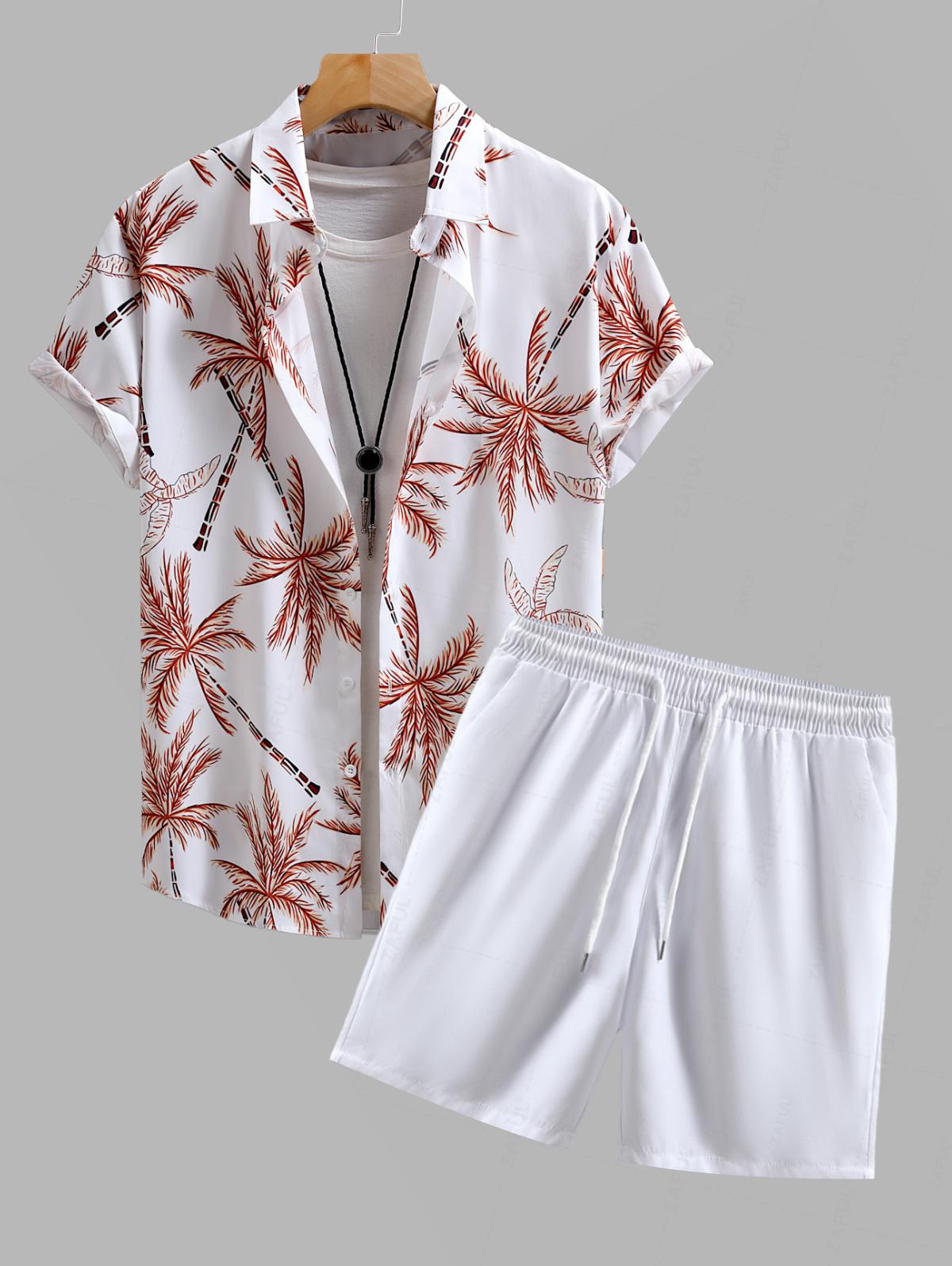 Men's Casual Coconut Palm Tree Printed Short Sleeves Shirt And Drawstring Shorts Set