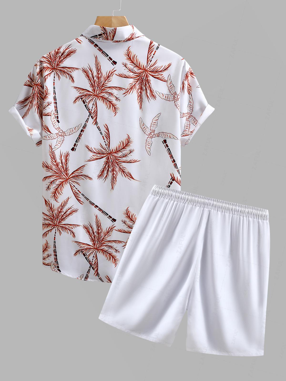 Men's Casual Coconut Palm Tree Printed Short Sleeves Shirt And Drawstring Shorts Set Kosyway