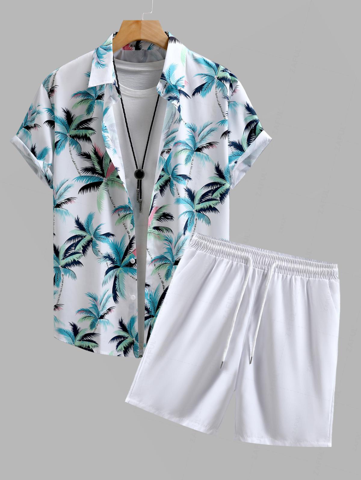 Men's Tropical Coconut Tree Printed Short Sleeves Shirt And Casual Drawstring Shorts Set