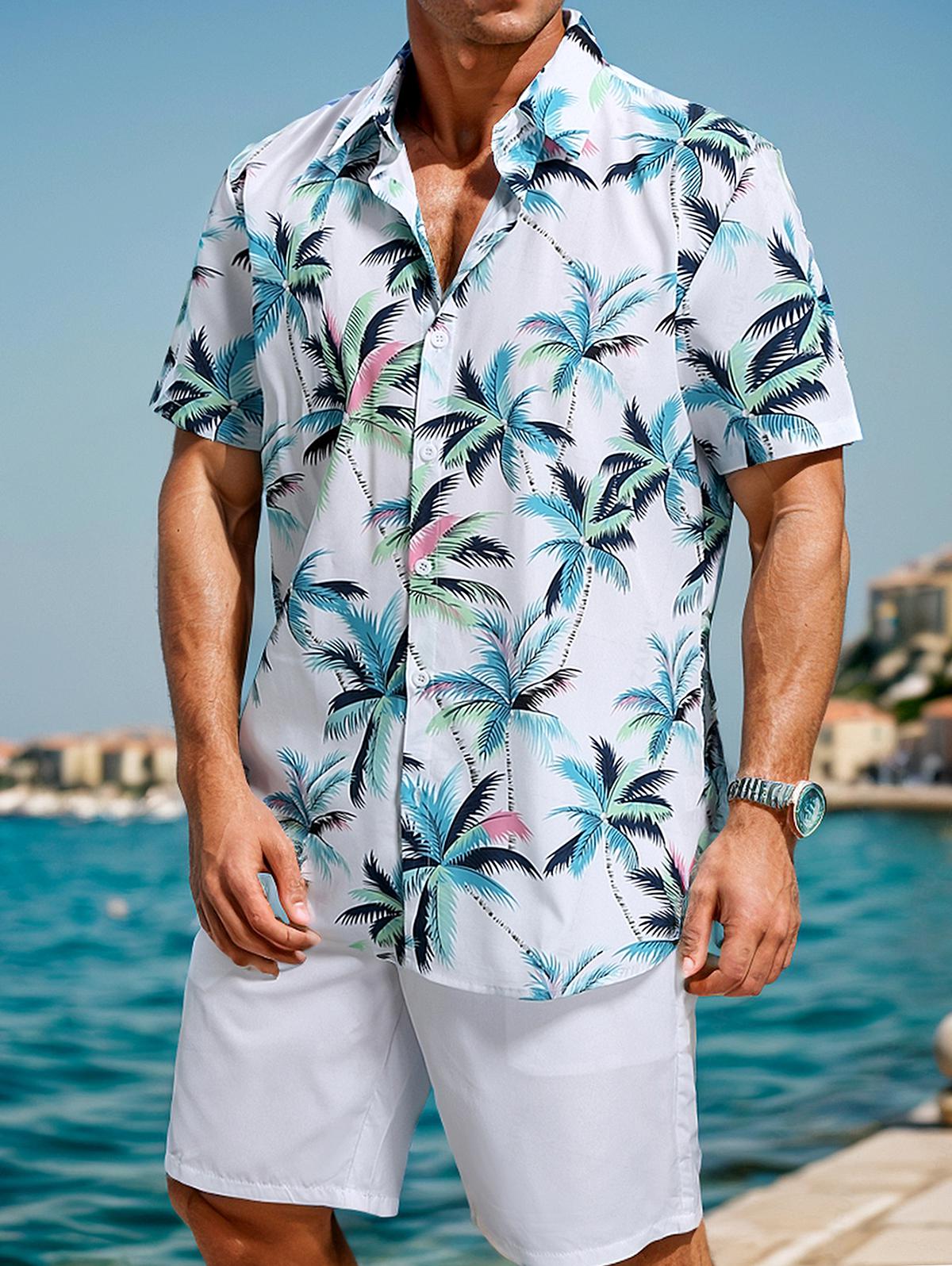 Men's Tropical Coconut Tree Printed Short Sleeves Shirt And Casual Drawstring Shorts Set