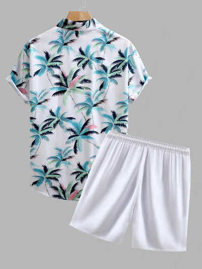 Men's Tropical Coconut Tree Printed Short Sleeves Shirt And Casual Drawstring Shorts Set Kosyway