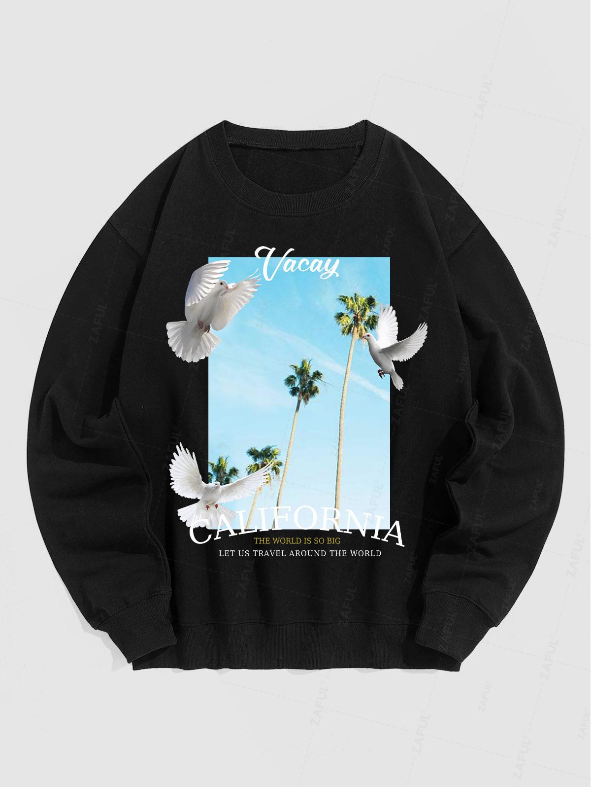 Men's California Letter Peace Doves Tree Graphic Printed Crew Neck Pullover Sweatshirt