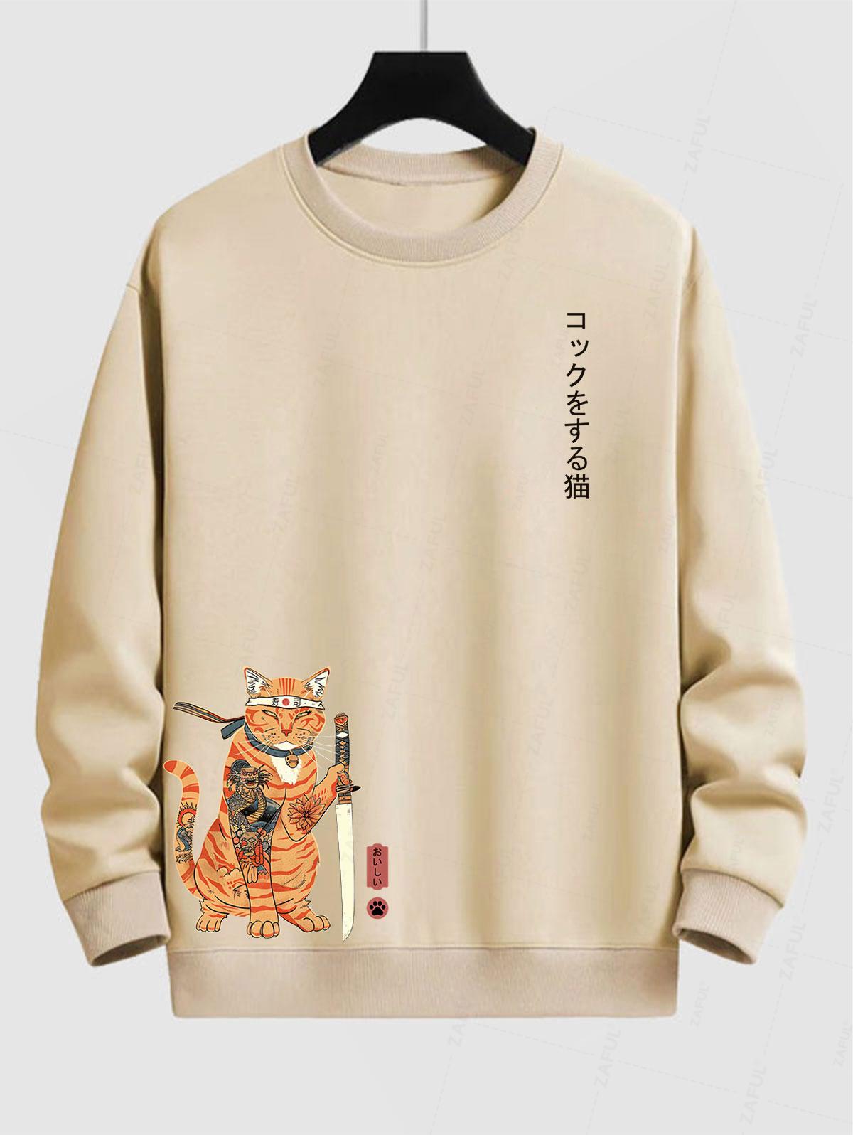 Men's Japanese Cat With Samurai Katana Paw Graphic Printed Crew Neck Pullover Sweatshirt