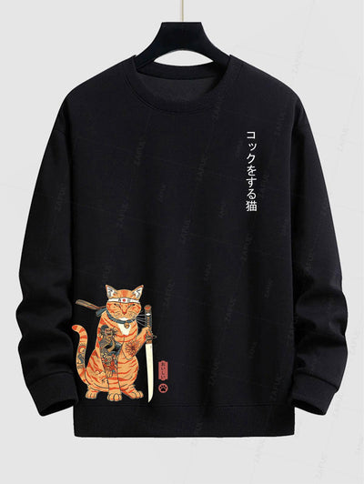 Men's Japanese Cat With Samurai Katana Paw Graphic Printed Crew Neck Pullover Sweatshirt