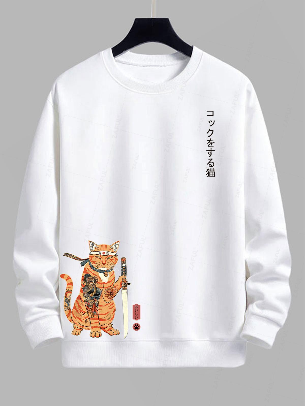 Men's Japanese Cat With Samurai Katana Paw Graphic Printed Crew Neck Pullover Sweatshirt