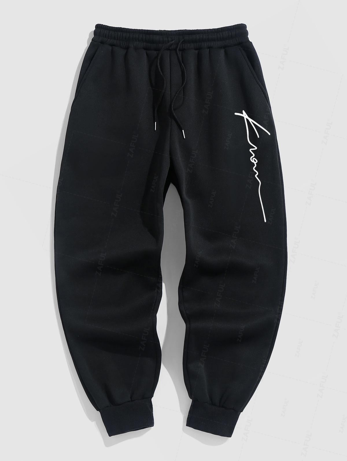 Men's Minimalist Style Letter Pattern Fuzzy Fleece-lined Drawstring Jogger Sweatpants