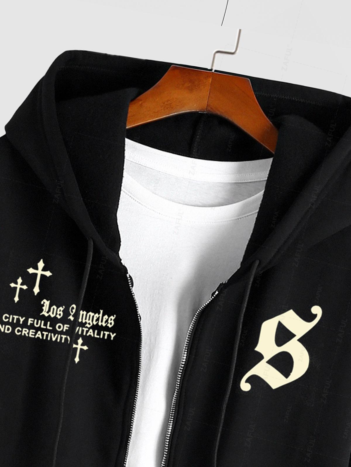 Men's Gothic Style Los Angeles Letter Cross Graphic Pattern Fuzzy Fleece-lined Zip Up Hoodie