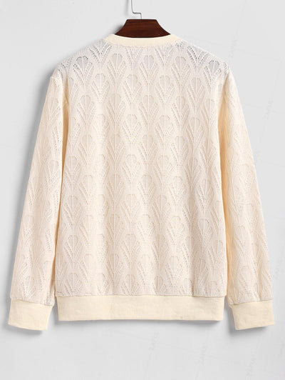 Men's Geometric Openwork Knitted Pocket Design Crew Neck Pullover Sweatshirt