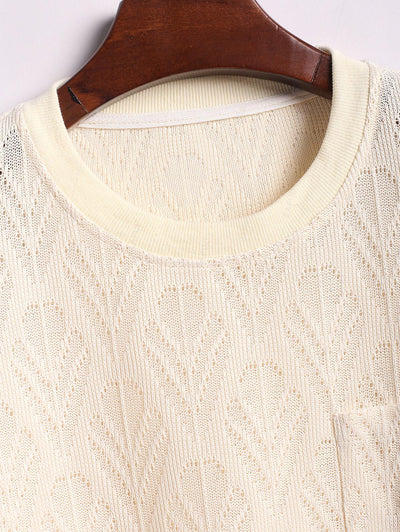 Men's Geometric Openwork Knitted Pocket Design Crew Neck Pullover Sweatshirt