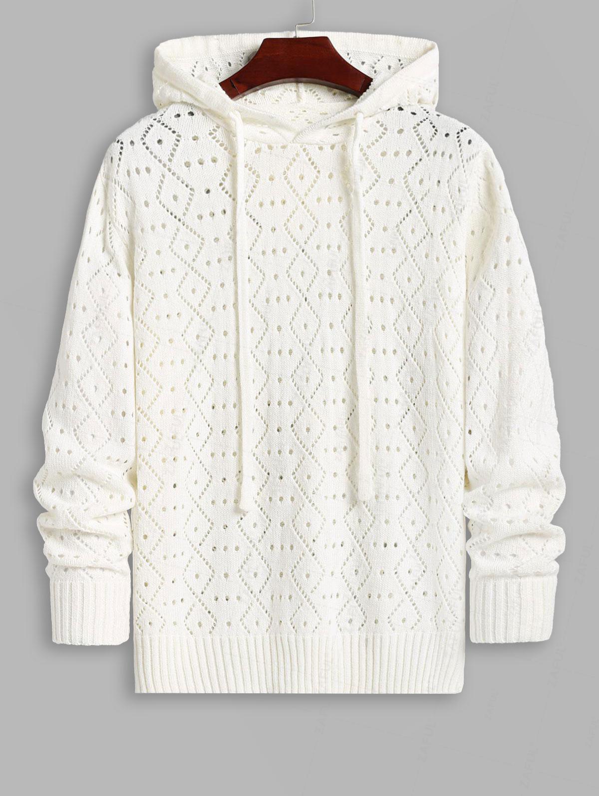 Men's Casual Geometric Pointelle Knit Openwork Pullover Hoodie