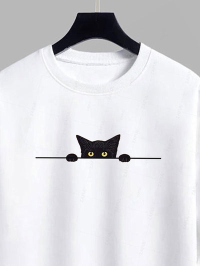 Men's Black Cat Graphic Printed Crew Neck Pullover Sweatshirt