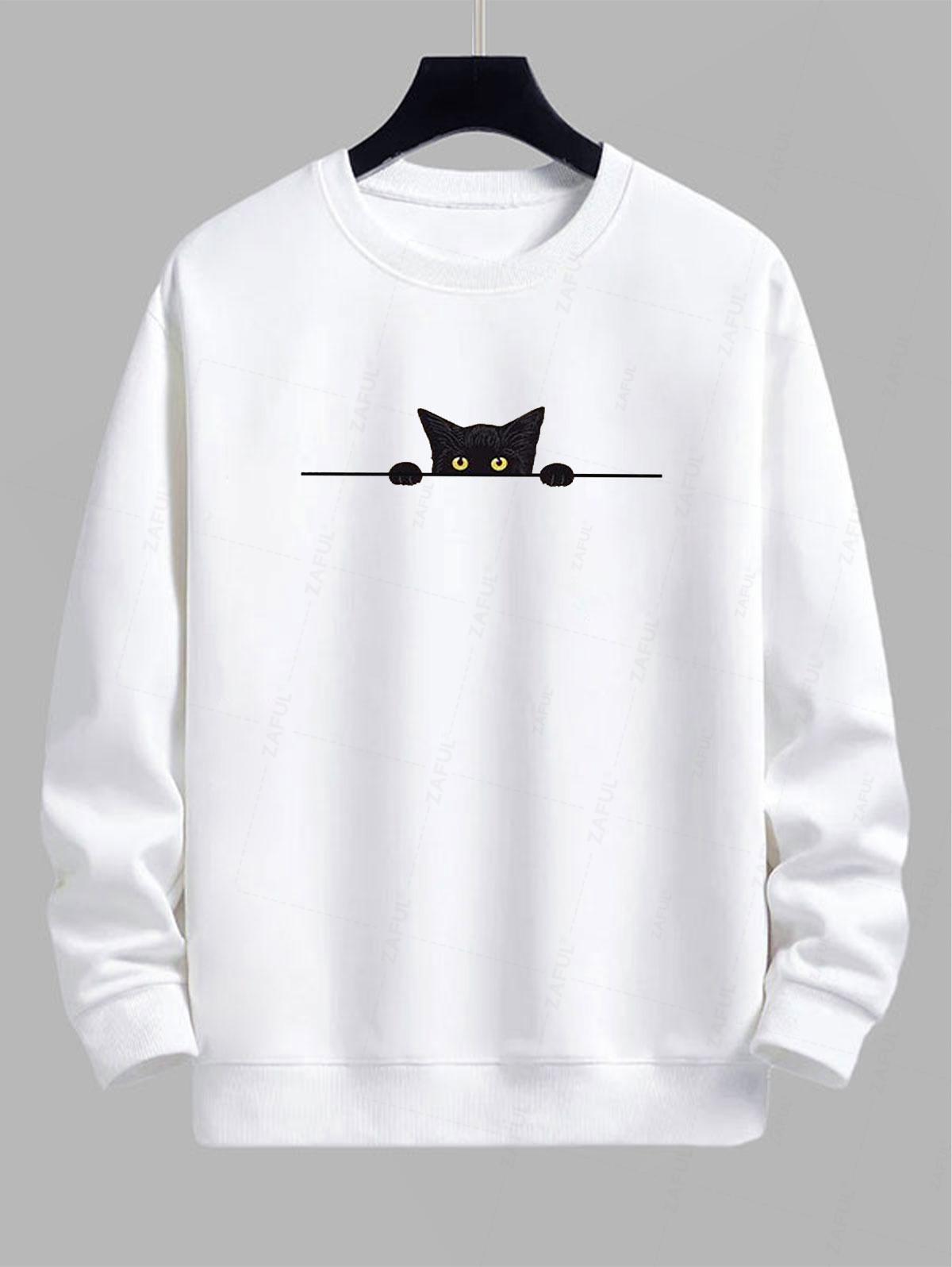 Men's Black Cat Graphic Printed Crew Neck Pullover Sweatshirt