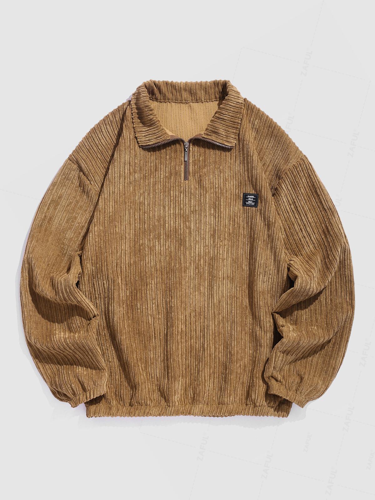 Men's Striped Patch Design Quarter Zip Stand Collar Corduroy Sweatshirt