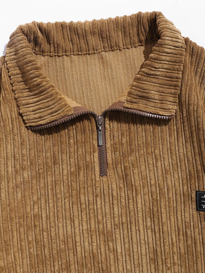 Men's Striped Patch Design Quarter Zip Stand Collar Corduroy Sweatshirt