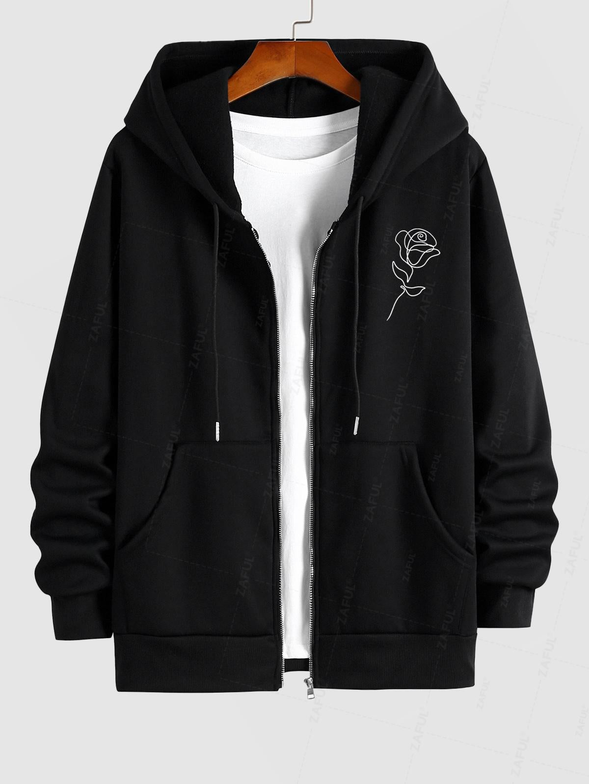 Men's Minimalist Style Floral Rose Pattern Fuzzy Fleece-lined Zip Up Hoodie