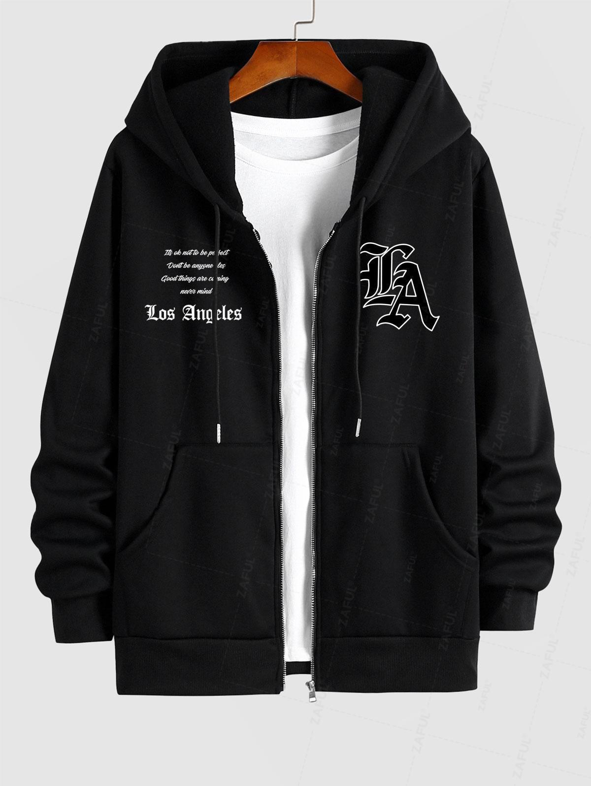 Men's Los Angeles Letter Slogan Pattern Fuzzy Fleece-lined Zip Up Hoodie