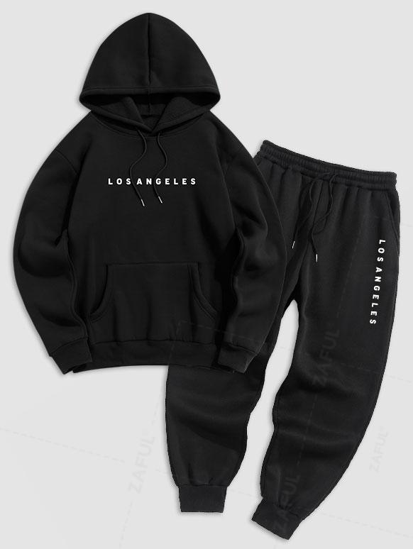 Men's Casual Minimalist Style Letter Pattern Fuzzy Fleece-lined Kangaroo Pocket Design Pullover Hoodie And Drawstring Jogger Sweatpants Set