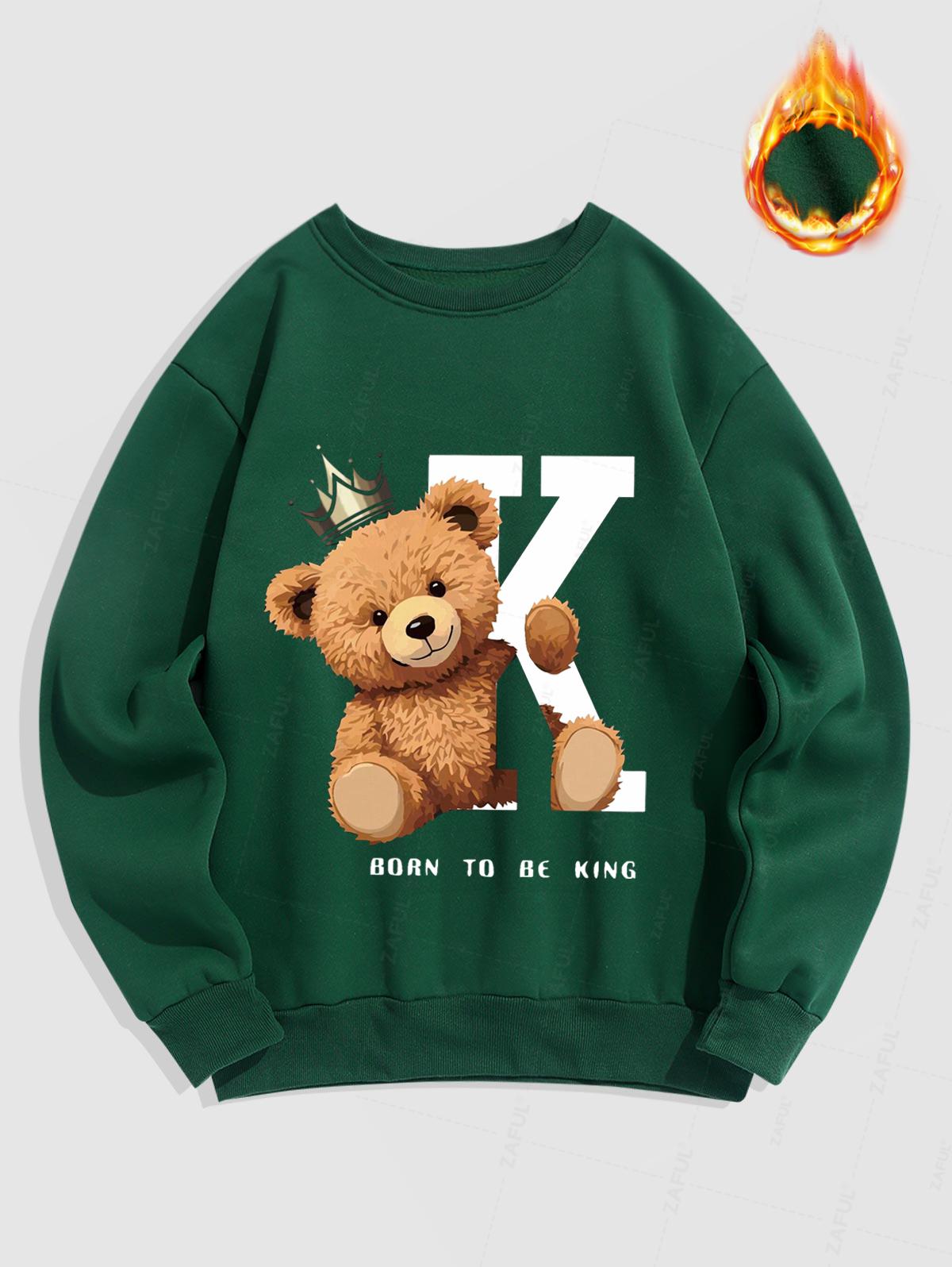 Men's Bear Crown Letter Graphic Printed Fuzzy Fleece-lined Crew Neck Pullover Sweatshirt