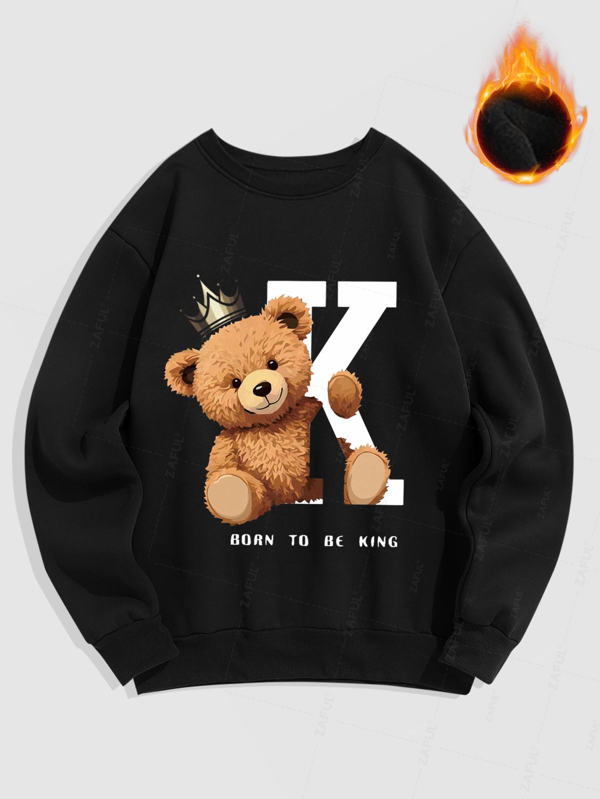 Men's Bear Crown Letter Graphic Printed Fuzzy Fleece-lined Crew Neck Pullover Sweatshirt