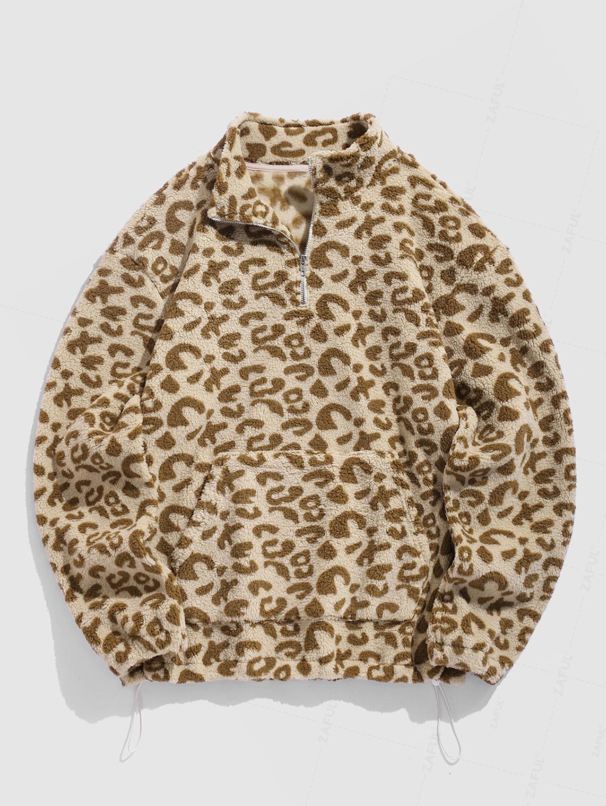 Men's Faux Fluffy Sherpa Fleece Leopard Pattern Half Zip Stand Collar Kangaroo Pocket Pullover Sweatshirt