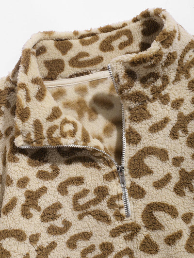 Men's Faux Fluffy Sherpa Fleece Leopard Pattern Half Zip Stand Collar Kangaroo Pocket Pullover Sweatshirt